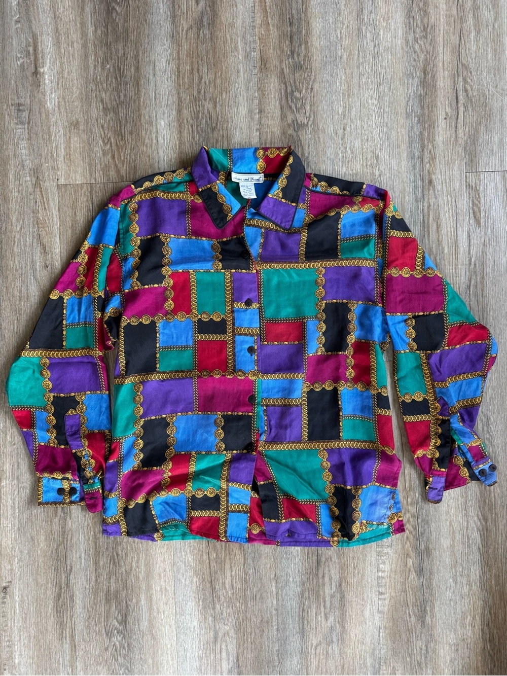Vintage Anna and Frank Multicolor Jewel-Tone Silk Button Shirt